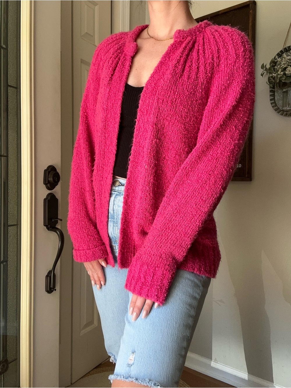 80s/90s Vintage Hot Pink Open-Front Bouclé Sweater Cardigan - Women